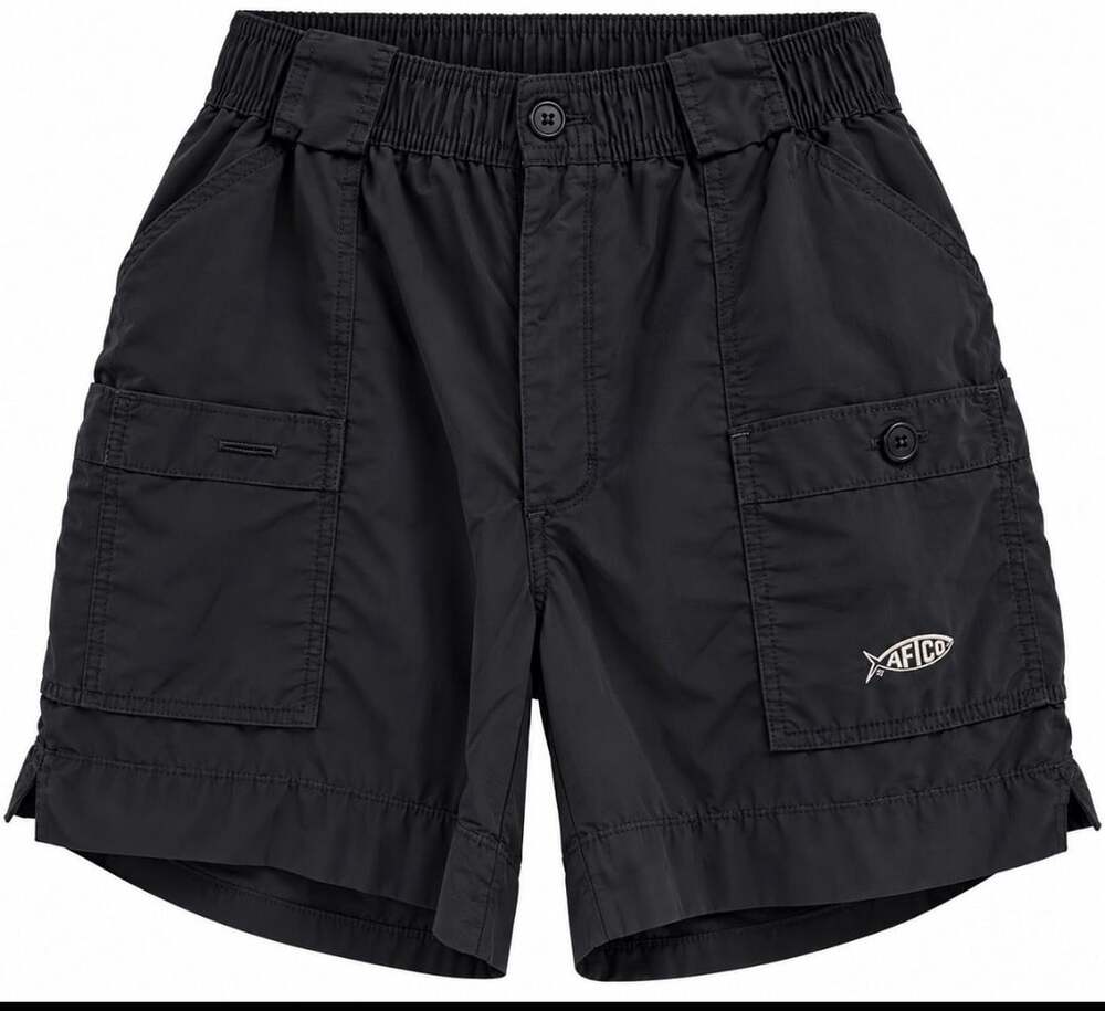 AFTCO Original Fishing Shorts Size 28 Black Nylon Elastic Waist Pockets